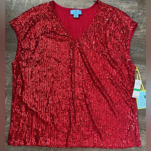 CeCe Sequined V-Neck Cap-Sleeve Red Blouse-Size Large - Picture 1 of 7